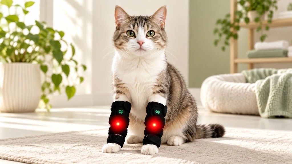 Cat wearing red light therapy wraps on front legs