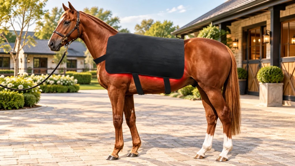 Horse wearing a red light therapy pad on its back